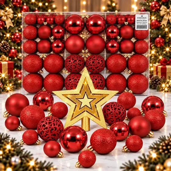 Kit 100 Bolas Estrela Enfeite Árvore De Natal Pendente Brinde Ponteira Bolinhas Vermelhas…