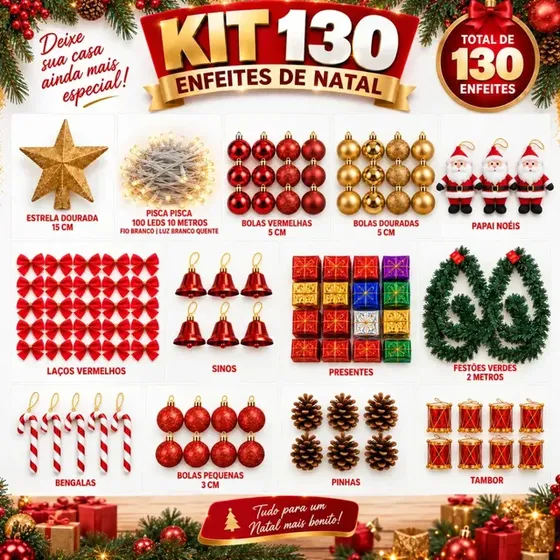 Kit 130 Enfeites Pendentes Para Arvore De Natal Decoração Completa AQUATTRO
