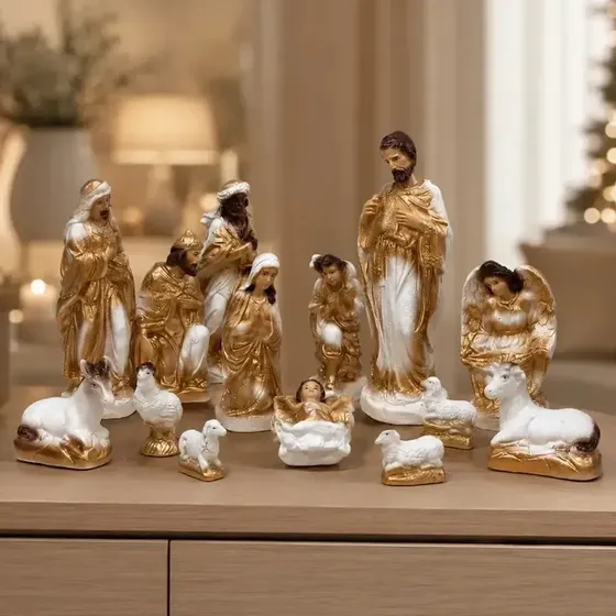 Presépio Enfeite De Natal Gesso Resinado 20cm Completo 14 peças Decoração Natalina