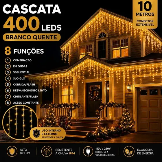 Cascata Natal com 8 Funções 400 Leds 10 Metros Branco Quente Extensível Macho Fêmea A…