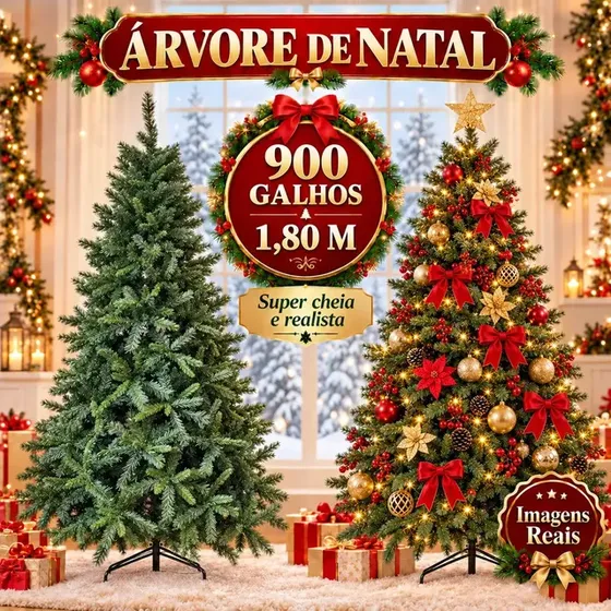Árvore De Natal Tradicional Pinheiro Luxo 1.80m 900 Galhos Cheios Montagem Rápida…