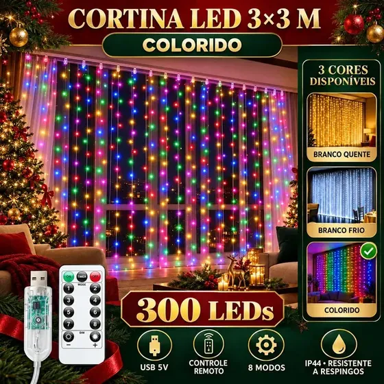 Pisca Cortina 300 Leds 3x3m Usb Ip44 8 Modos Iluminação Luzes Fada Decoração De Natal…