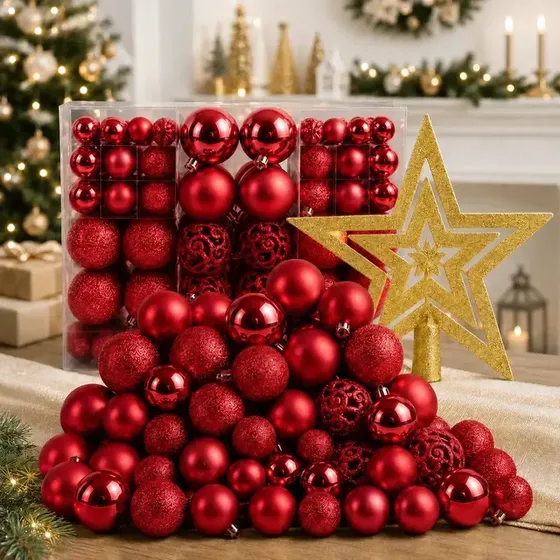 Kit 100 Bolas + Estrela Pendentes P/ Decoração Árvore De Natal Bolinhas Dekasa Premium…