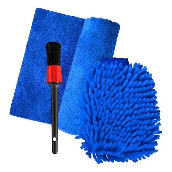 Kit Lavagem Carro Azul: Toalha Microfibra Superabsorvente, Luva e Pincel Externo