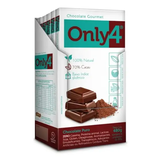 Chocolate Vegano Only4 70% Cacau Tablete Sem Glúten 6 Unidades